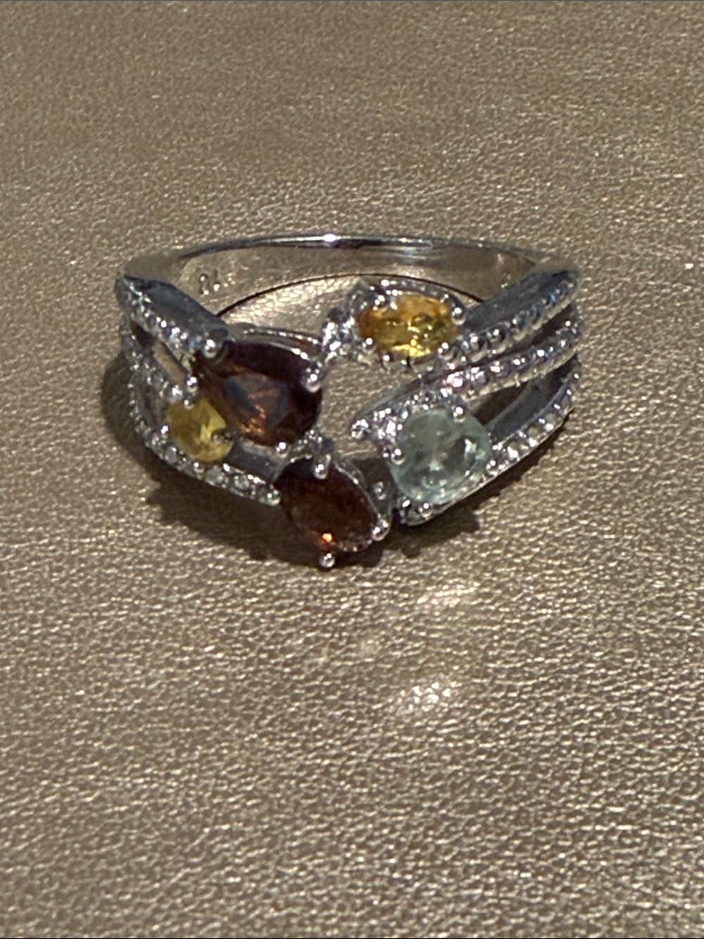 Avon Multi-Gem Silver Ring with Blue, Brown, and Yellow Stones